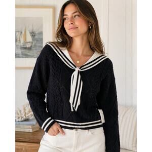 Cherie Collette Sailor Sweater L Black White Cable Knit Nautical Preppy NWT